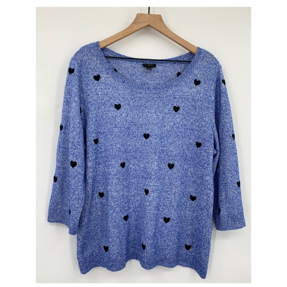 Talbots Sweater Womens 1X Blue Speckled Hearts Cotton Blend Knit Lightweight